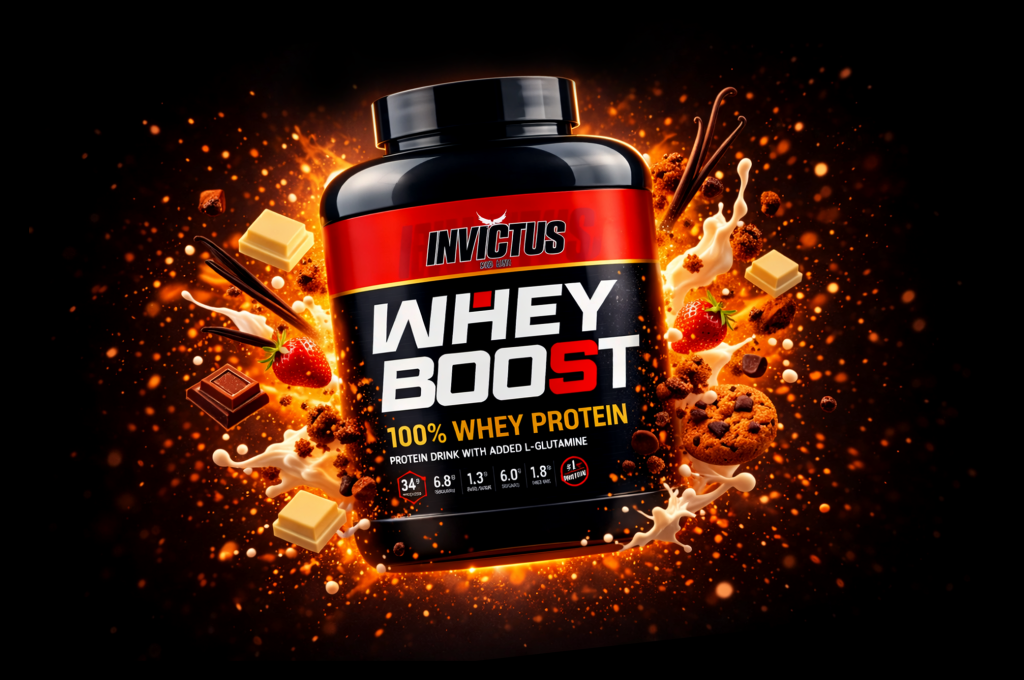 Proteina Whey. Envase de proteína en polvo Whey Boost de la marca Invictus, rodeado de elementos como fresas, trozos de chocolate y galletas, sobre un fondo oscuro con efectos de explosión.
